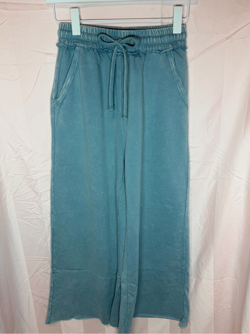 Zenana~Blue Grey Acid Washed French Terry Wide Leg Pants